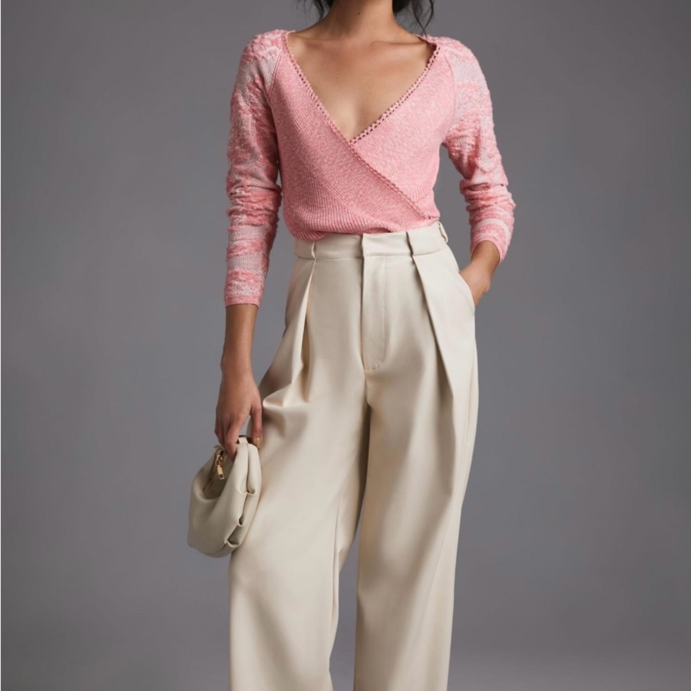Anthropologie XS pink faux-wrap sweater with mesh embroidered sleeves - Picture 4 of 11